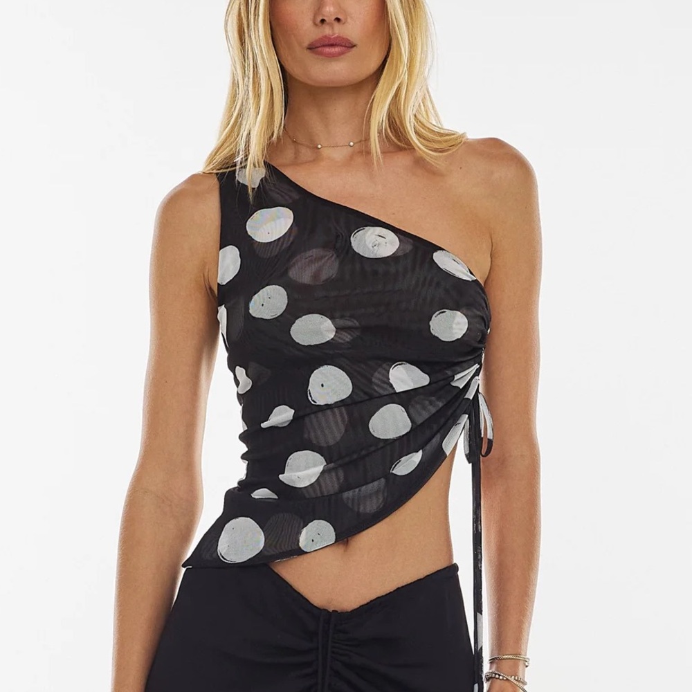 Black One-Shoulder Polka Dot Top